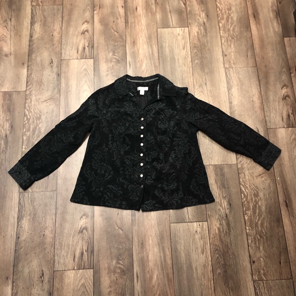 CJ Banks Black Floral Corduroy Jacket | Snap Front Blazer | Plus Size Business - Picture 2 of 5